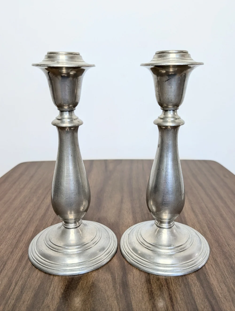 Pair Of Vintage Spindle Silver Tone Mayflower Pewter Tall Candlestick Holders